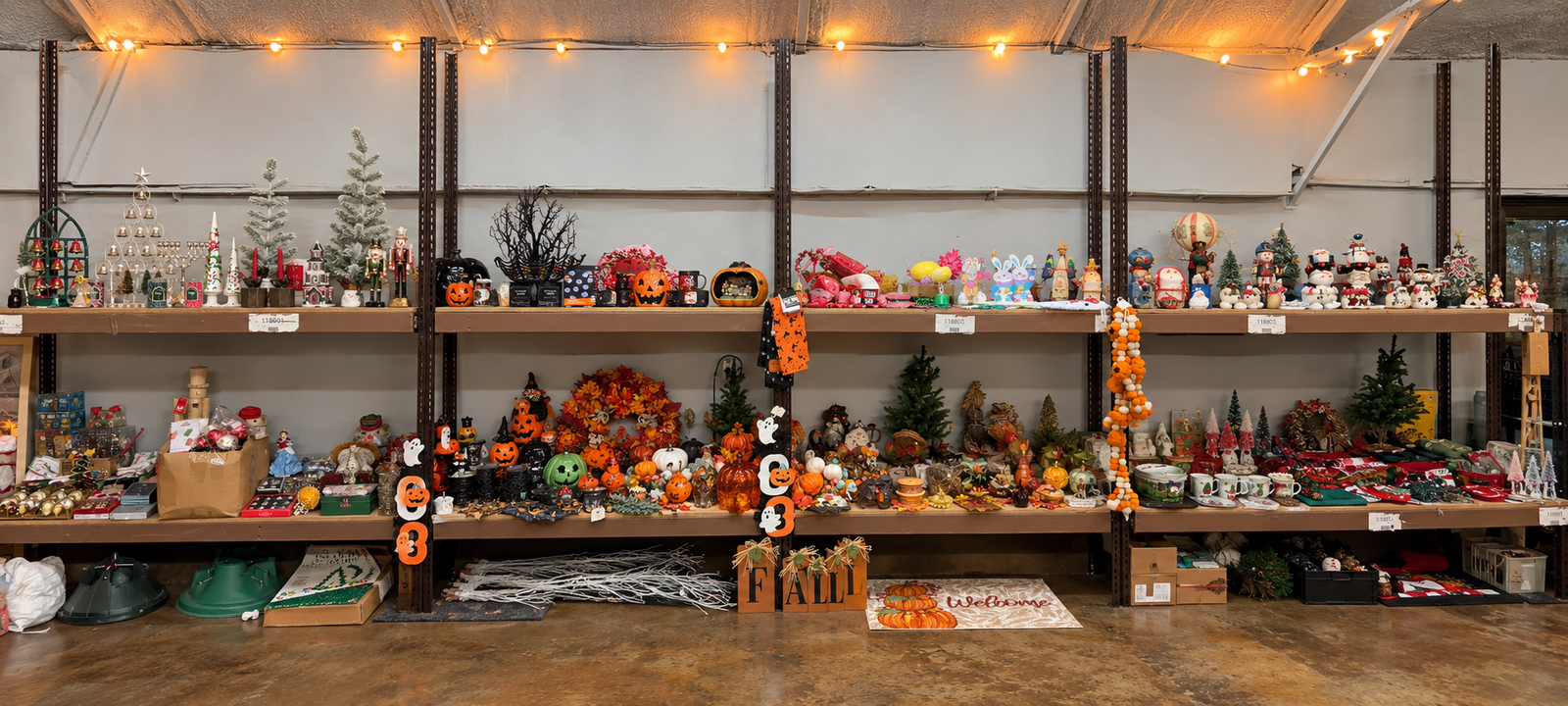 Seasonal holiday merchandise displayed on the shelves at Rusty Pickins